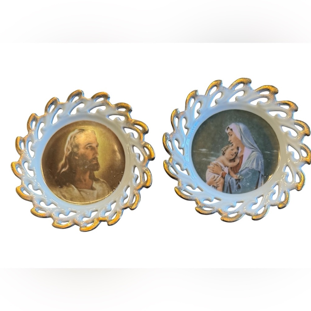 Vintage Decorative Religious Plates with Gold Accents